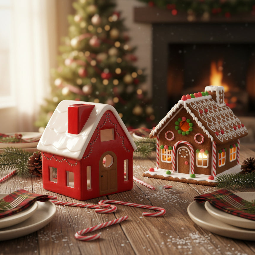 Red tea light holder with white roof on a white background