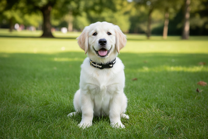 Black and beige striped dog collar with a gold buckle on a white background
