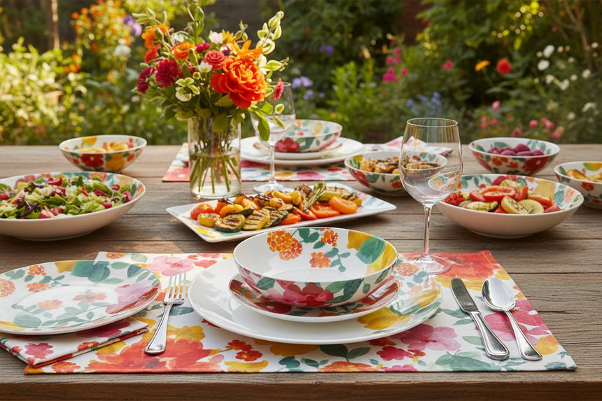 Colorful floral-patterned dinnerware set on a white background
