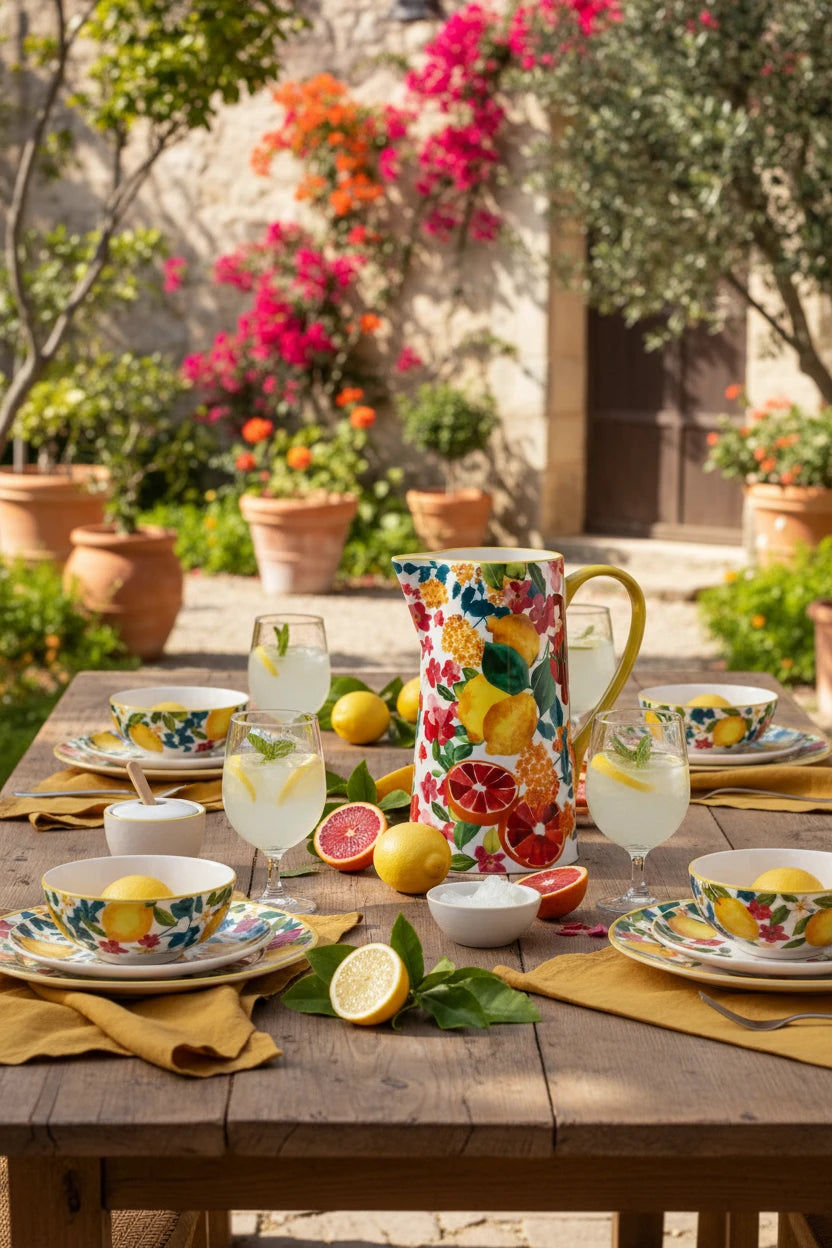 Colorful jug with fruit design on a beige background