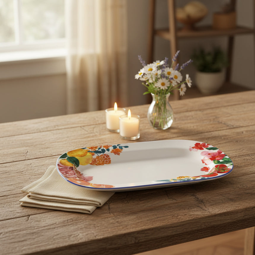 Decorative plate with floral and fruit design on a beige background
