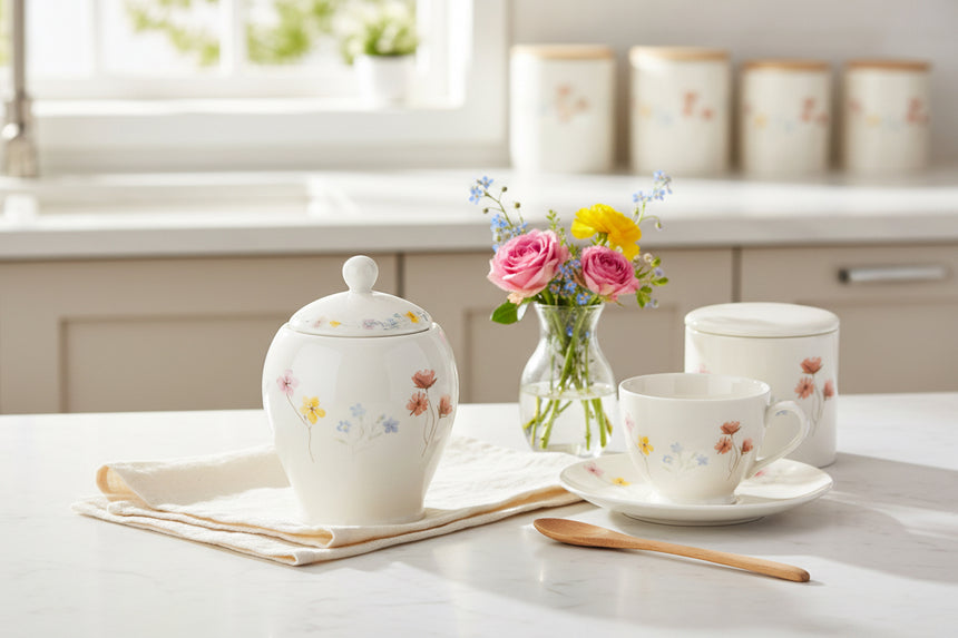 Pressed Flowers Porcelain Sugar Bowl