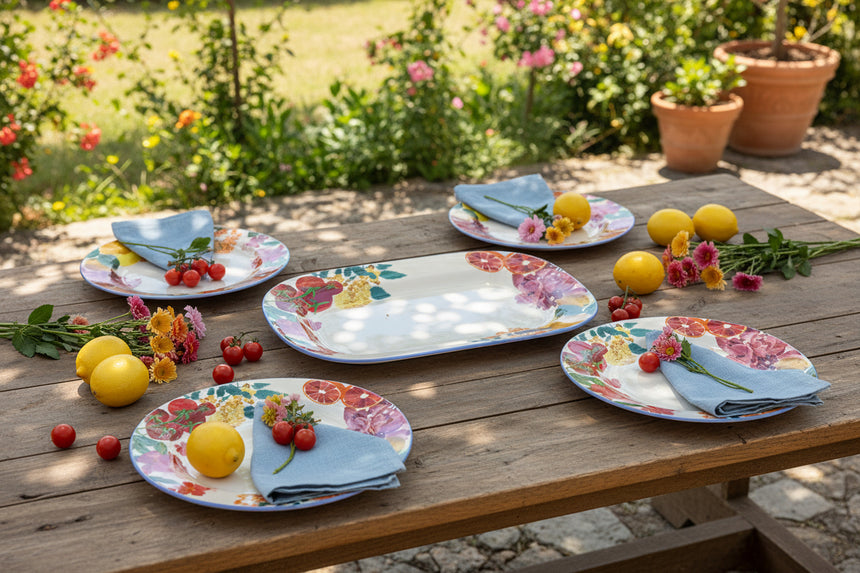 Decorative plate with floral and fruit design on a white background