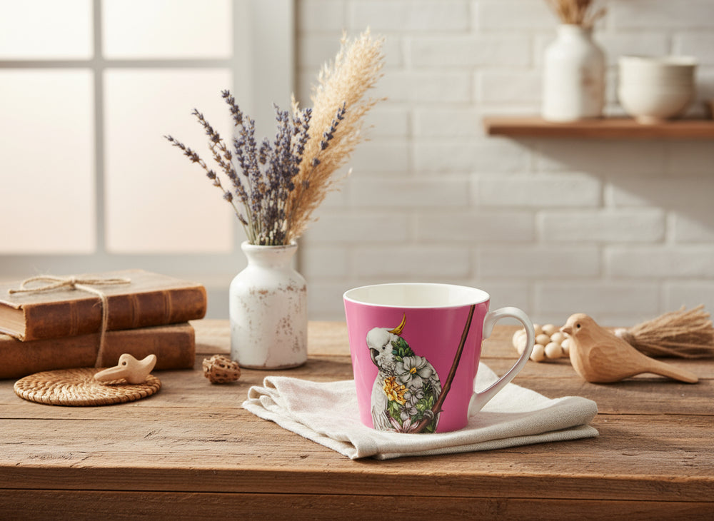 A porcelain mug with a bright pink background featuring a detailed illustration of a Cockatoo surrounded by flowers and foliage.