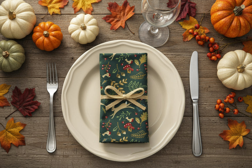 A dark blue napkin with a floral and wildlife pattern, including illustrations of pheasants and berries, tied with a golden ribbon.