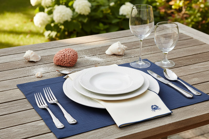 Folded beige napkin with a blue crab design on a white background
