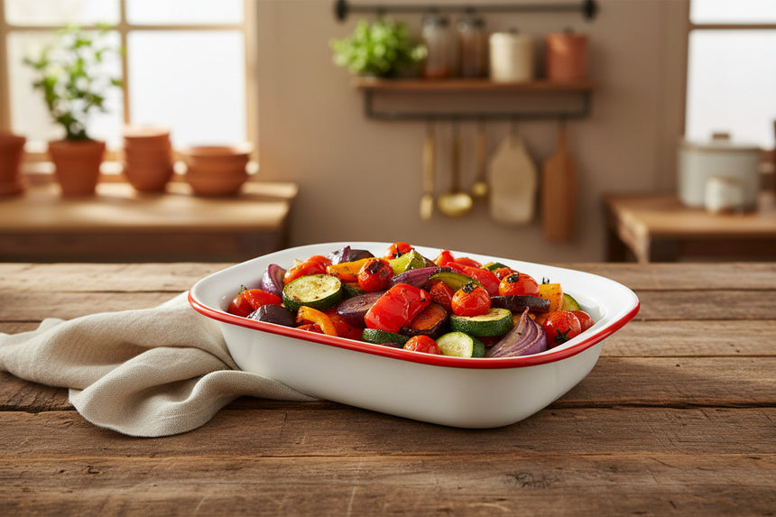 White dish with red rim and tomato design on a white background