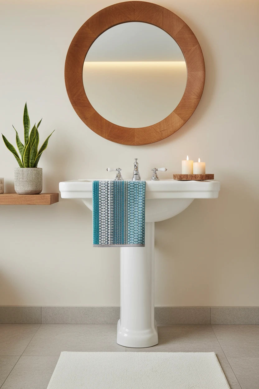 Rectangular towel with a geometric pattern on a white background