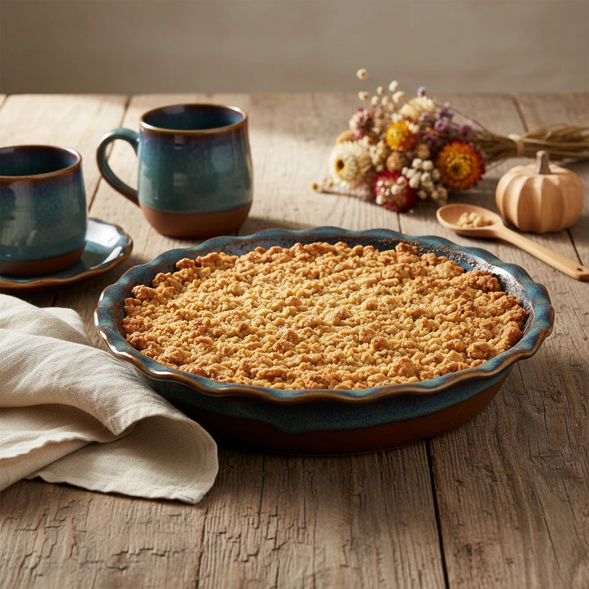 A scalloped ceramic pie dish with a textured glaze that transitions from deep teal-blue to warm brown, shown on a white background.