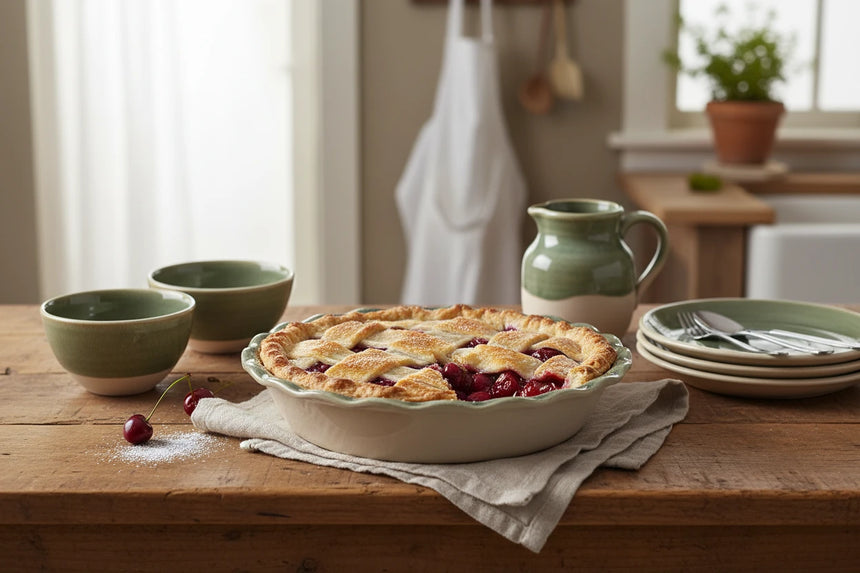 A scalloped ceramic pie dish with a dark green glazed interior and a matte beige exterior, shown on a white background.