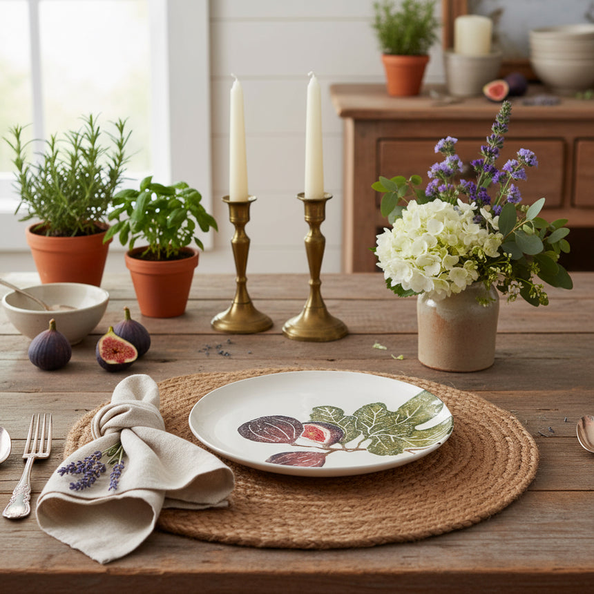 Round ceramic plate with fig design on a white background