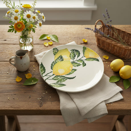 A round earthenware dinner plate with a hand-printed illustration of yellow Sicilian lemons on the vine with green leaves on a white background.