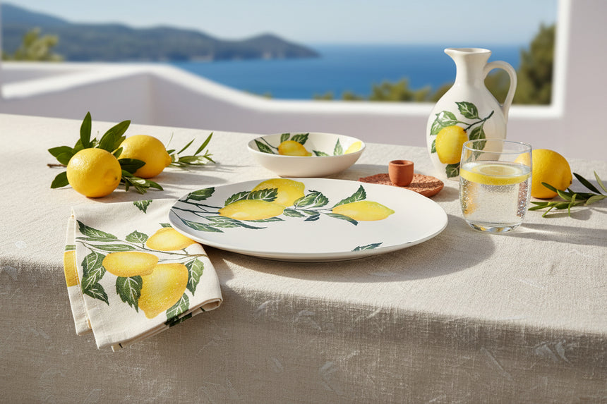 Decorative plate with lemon design on a white background