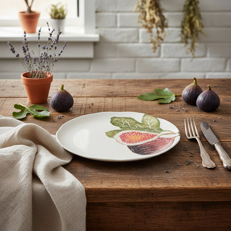 Round ceramic plate with fig illustration on a white background