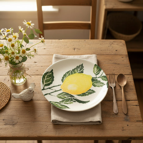 A round earthenware side plate with a hand printed illustration of a Sicilian lemon on the vine, with vibrant yellow and green colors.