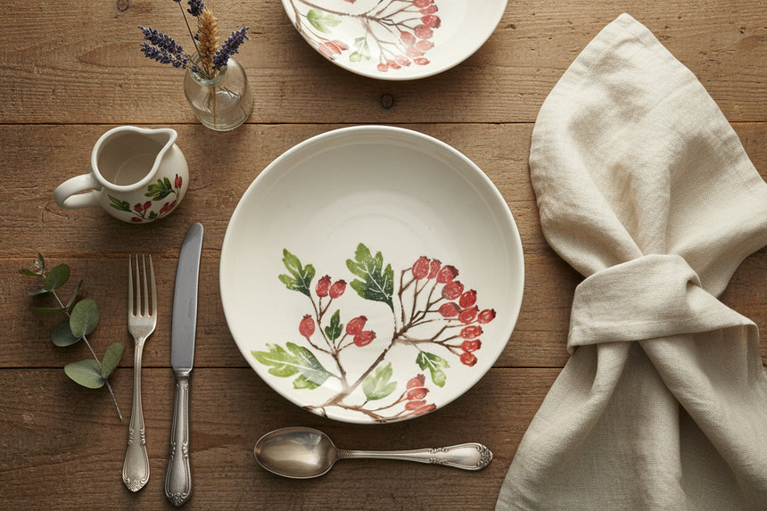 Ceramic plate with floral design on a white background