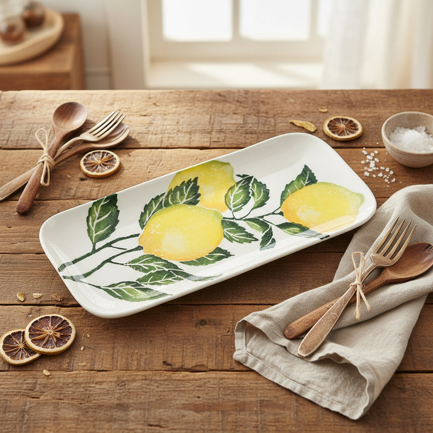 A rectangular earthenware serving platter with a hand printed illustration of Sicilian lemons on the vine.