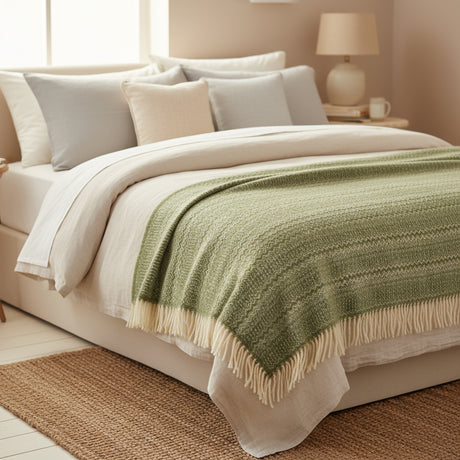 A folded Tweedmill Fair Isle Pure New Wool Throw in sage green with a geometric pattern and tassels on the edges.