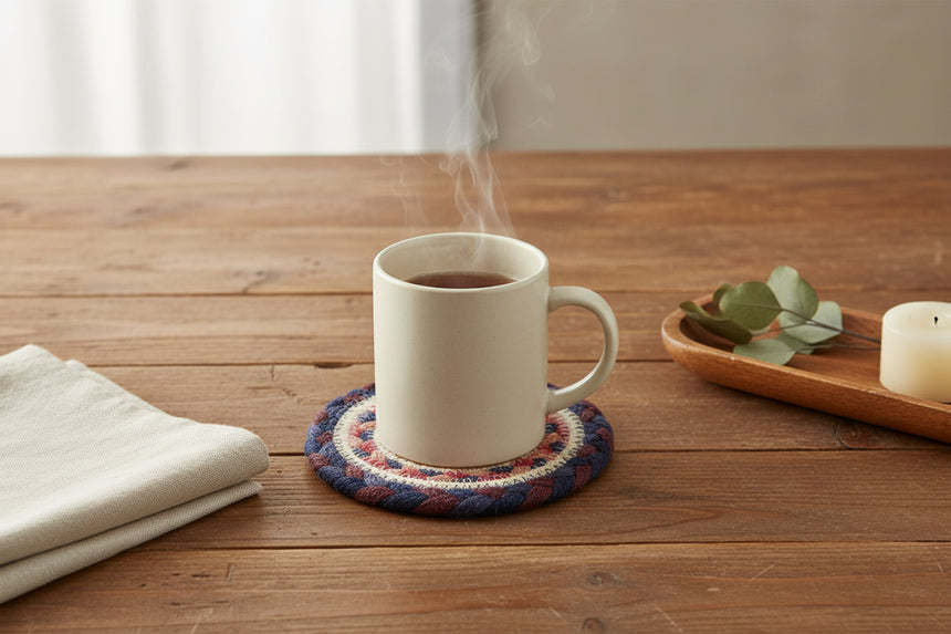 Round woven coaster with concentric circle pattern on a white background