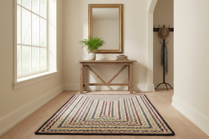 Multicolored braided rug on a white background