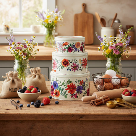 A set of three round stainless steel cake tins with a floral pattern designed by Emma Bridgewater, stacked together.