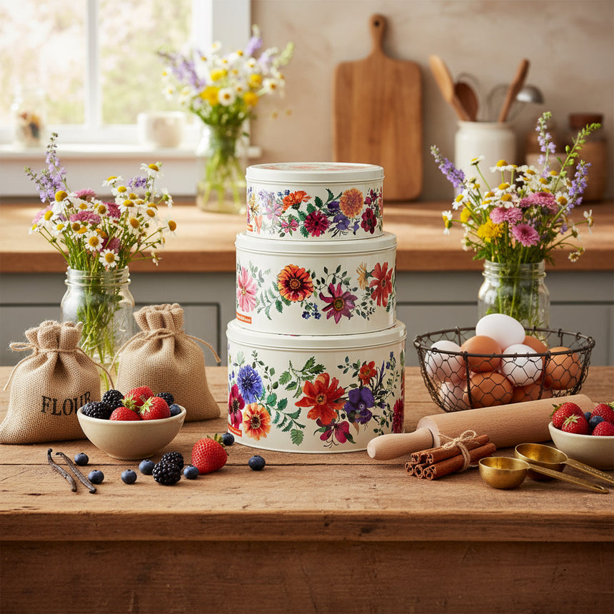 A set of three round stainless steel cake tins with a floral pattern designed by Emma Bridgewater, stacked together.