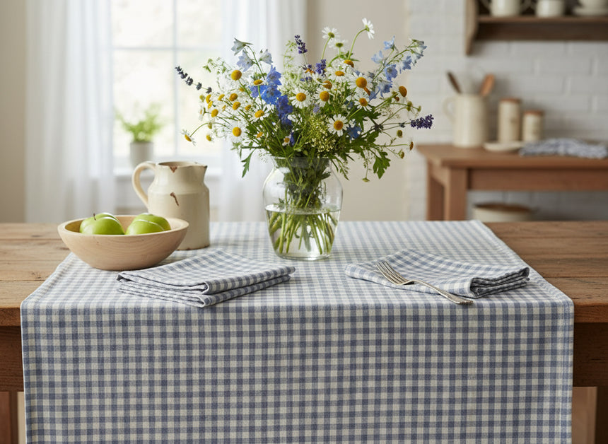 Gingham cotton tablecloth in blue and white, presented on a white background.