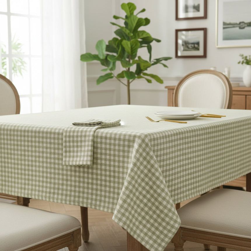Folded gingham cotton tablecloth in pale olive color, tied with a string, on a white background.