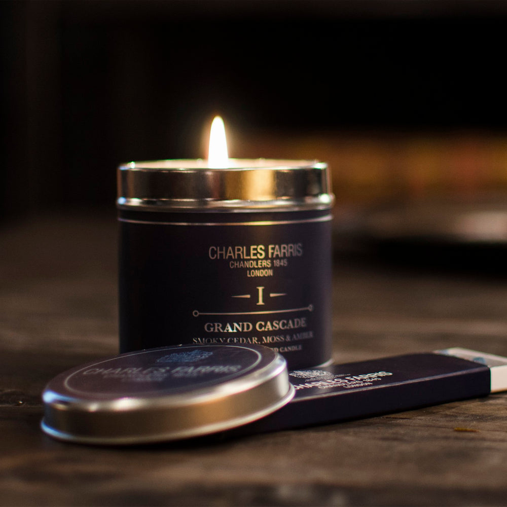 Charles Farris Grand Cascade Scented Tin Candle, Smoky Cedar, Moss and Amber