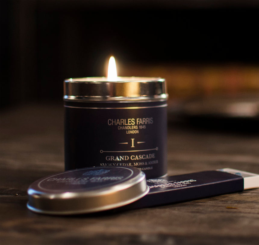 Charles Farris Grand Cascade Scented Tin Candle, Smoky Cedar, Moss and Amber