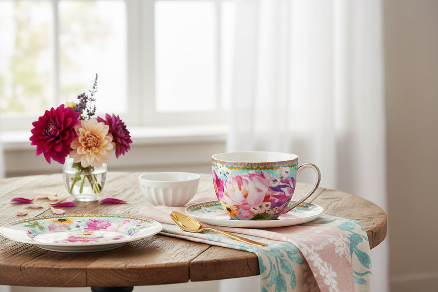 Colorful floral teacup and saucer set on a white background