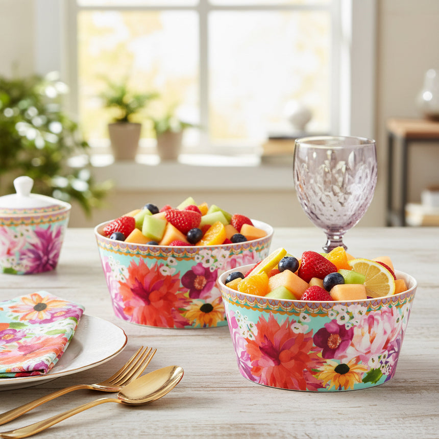 Colorful floral-patterned bowl with decorative rim on a white background