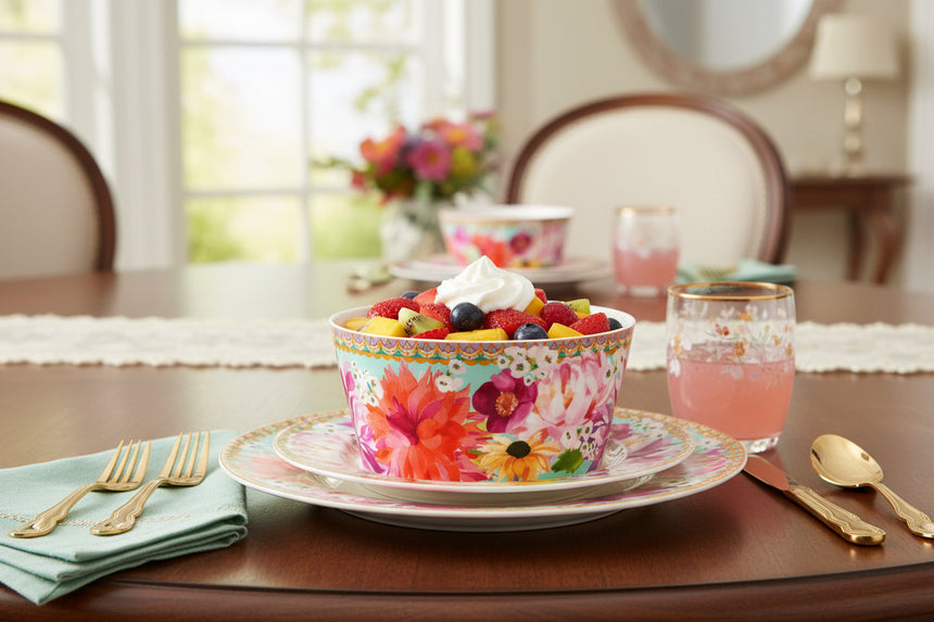 Colorful floral-patterned bowl with decorative rim on a white background