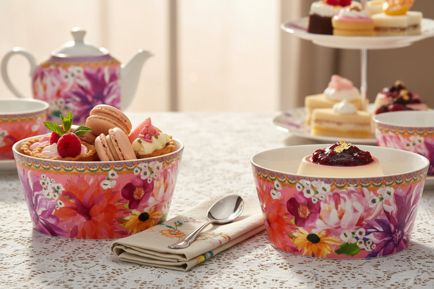 Set of two floral-patterned bowls with a colorful border on a white background