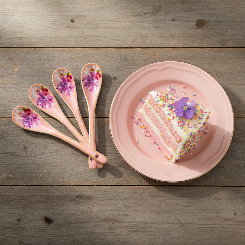 Four floral-themed spoons on a white background