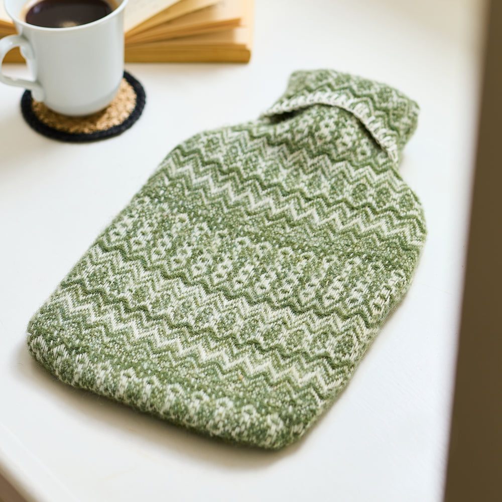 Tweedmill Pure New Wool Hot Water Bottle Fair Isle, Sage Green