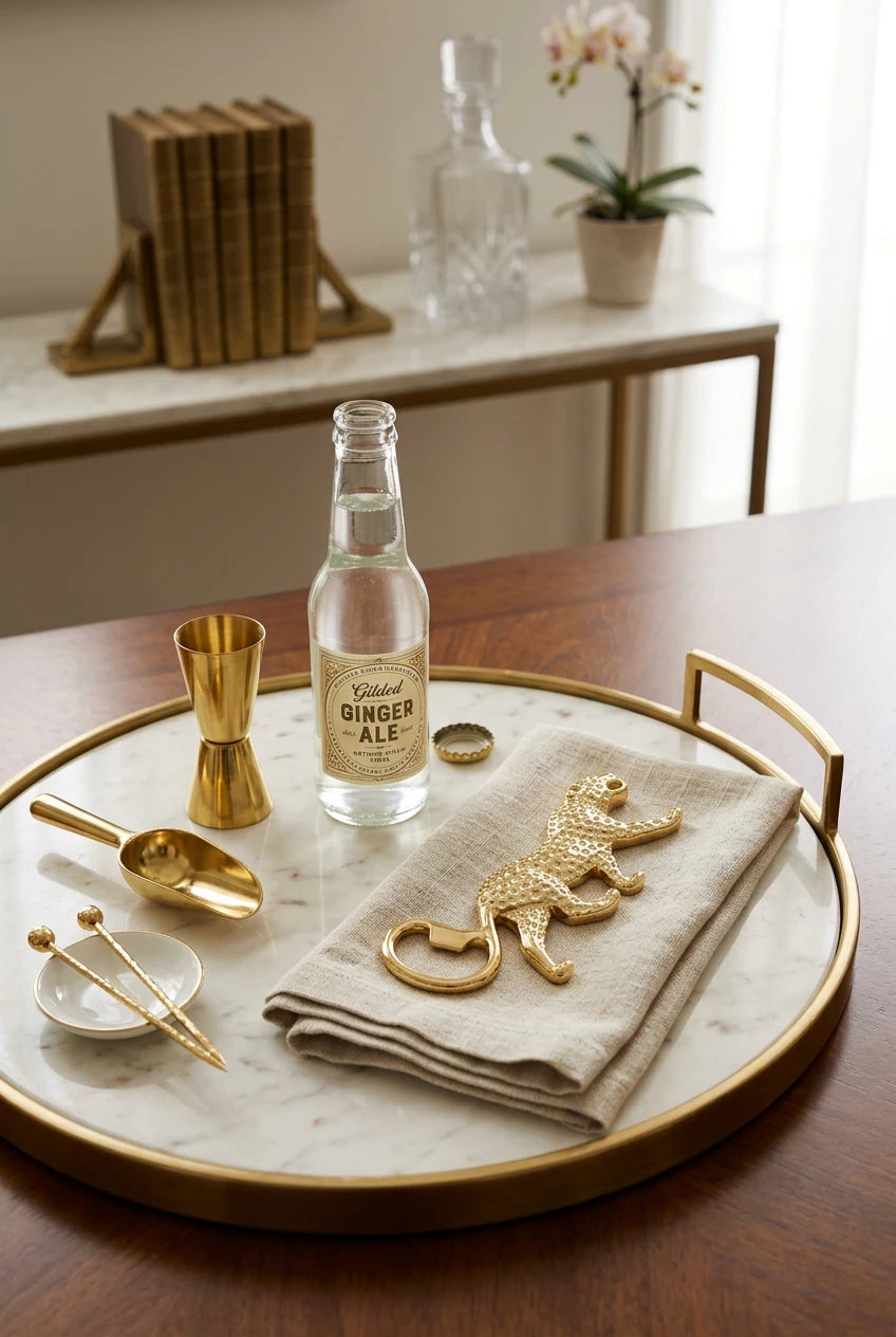 A gold-tone leopard-shaped bottle opener with a textured, beaded surface, shown on a light blue background.