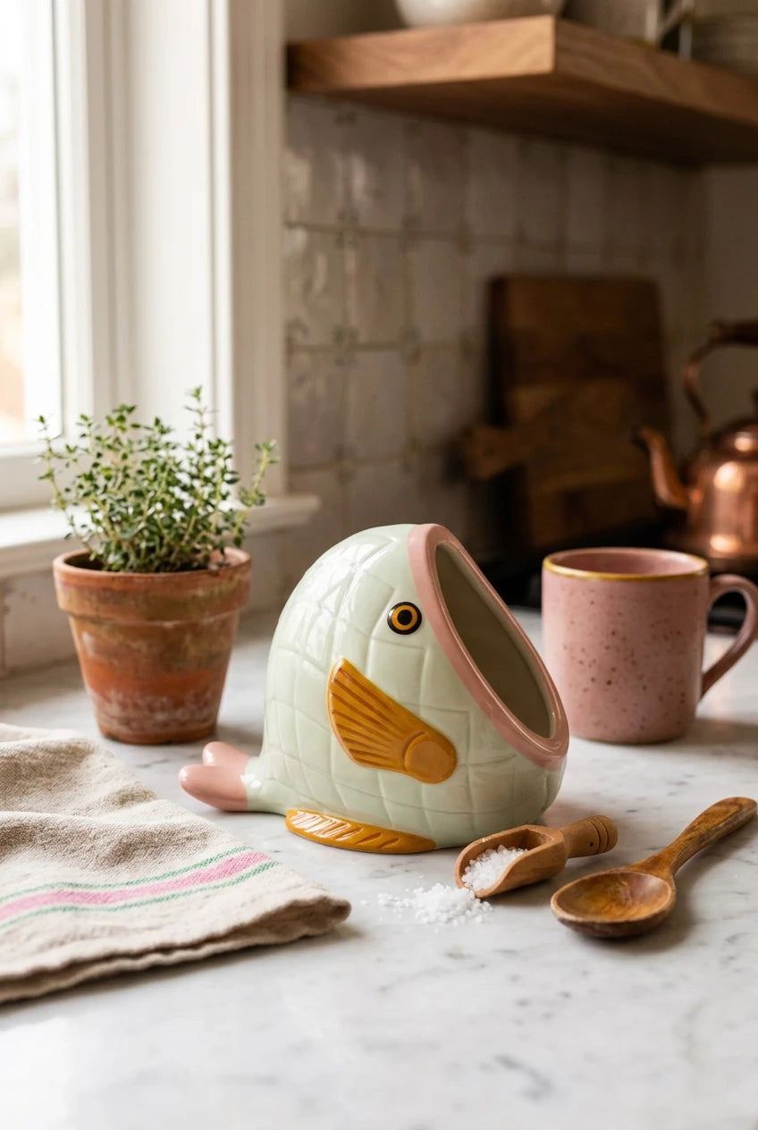 A ceramic fish-shaped salt pig with a pale mint green body, pink lips, and orange-yellow fins, set against a solid pale pink background.