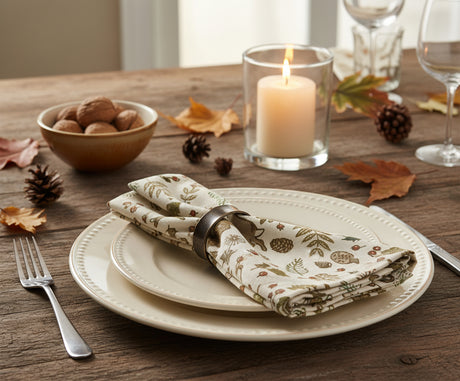 Folded fabric napkin  with nature-themed design featuring animals and plants on a white background