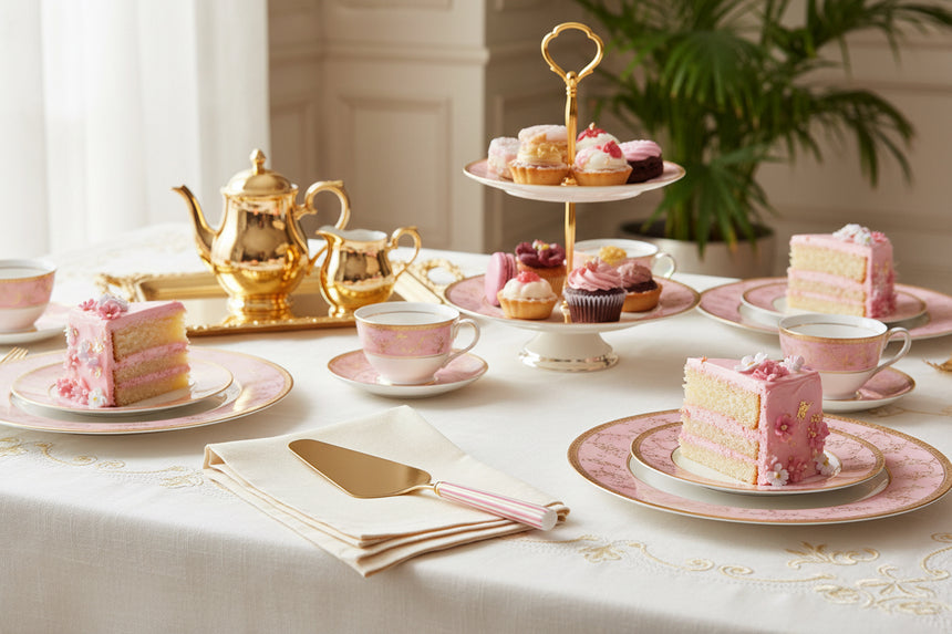 Gold cake server with pink handle on a white background