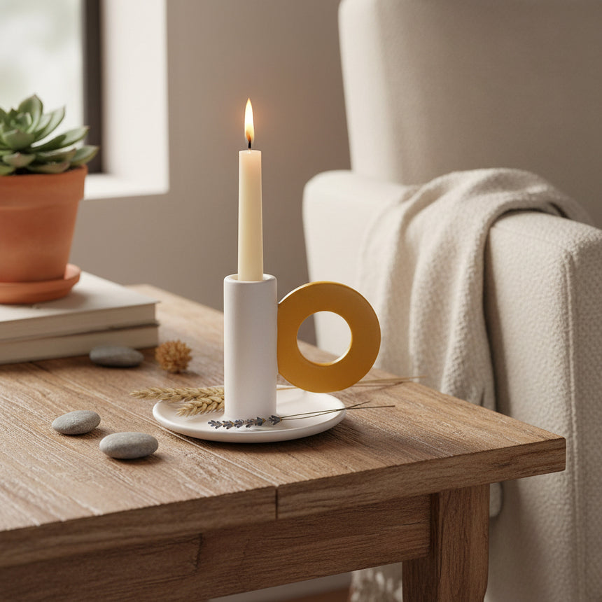A stoneware candle holder with a cream base and a mustard yellow loop handle on a white background.