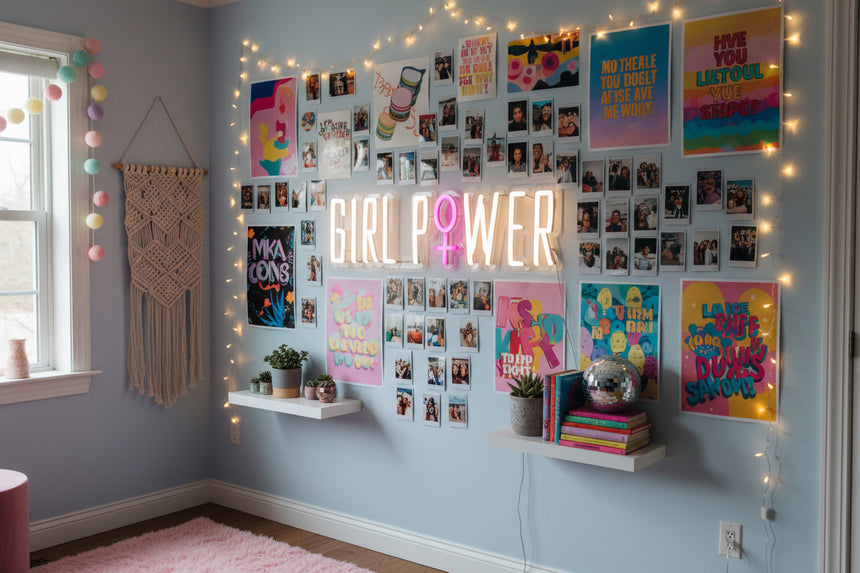 Neon sign with 'GIRL POWER' and a pink gender symbol on a dark background