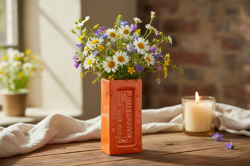 Orange brick-shaped vase with 'Outwood Brick Works Manchester' text on a white background