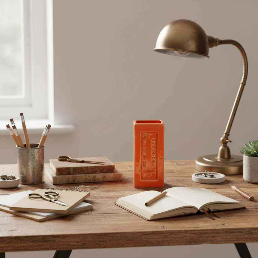 Orange brick-shaped vase with 'Outwood Brick Works Manchester' text on a white background