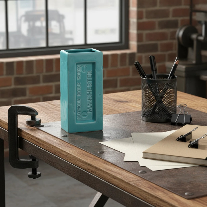 Teal rectangular vase with 'Outwood Brick Works Manchester' branding on a white background