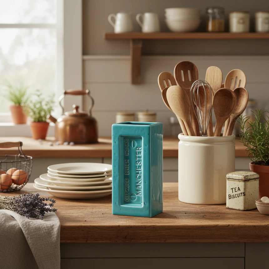 Teal rectangular vase with 'Outwood Brick Works Manchester' branding on a white background