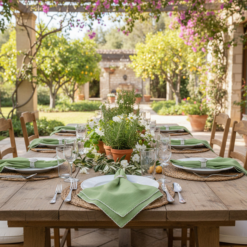 Green napkin with white trim on a white background