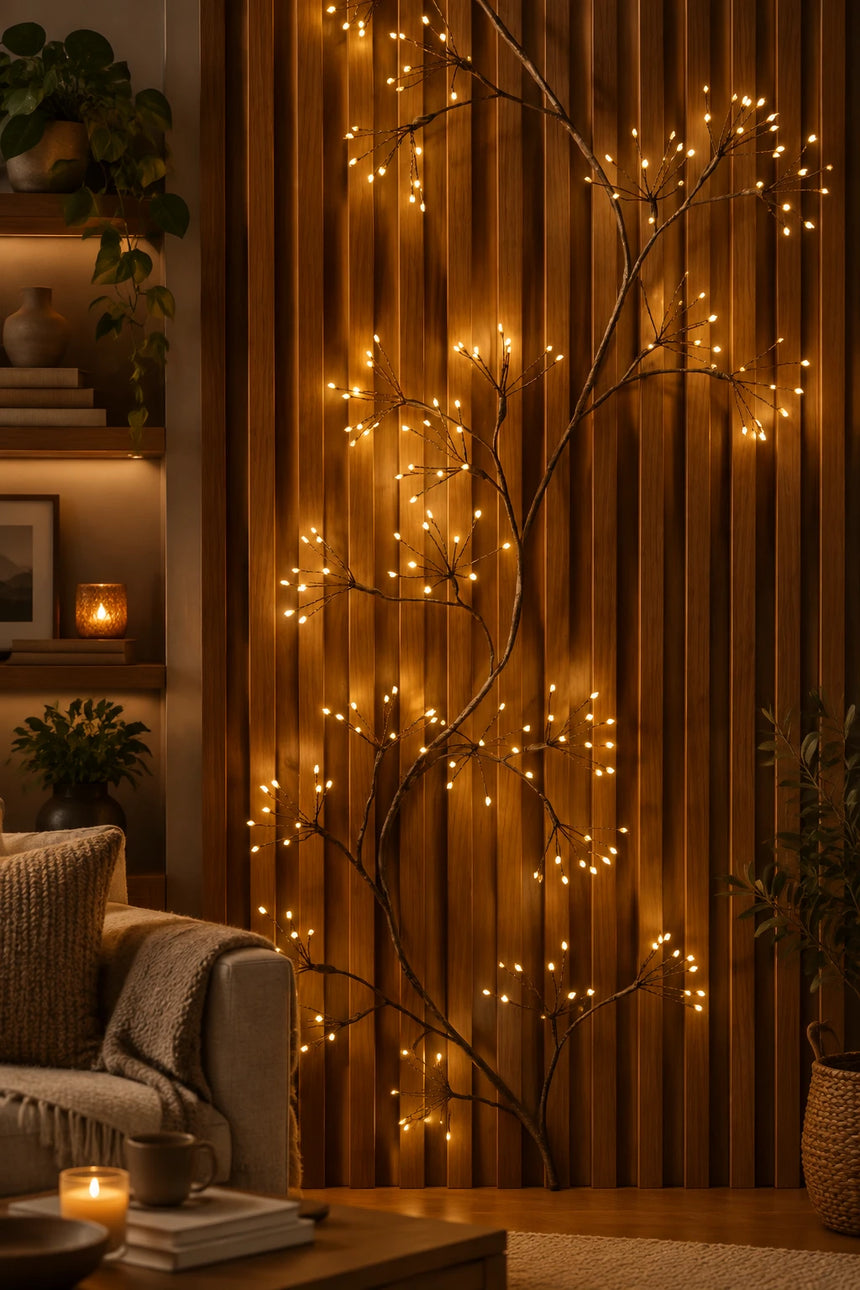 Decorative branch-shaped string lights with warm glowing bulbs draped against a vertical wood slat wall.