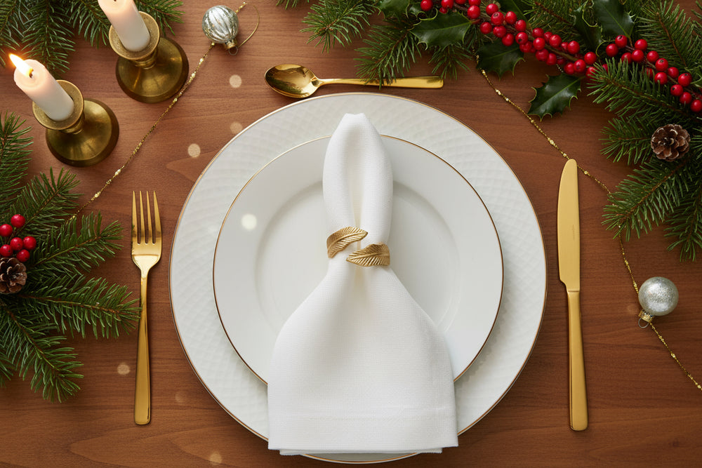 Gold napkin ring with leaf designs on a white background