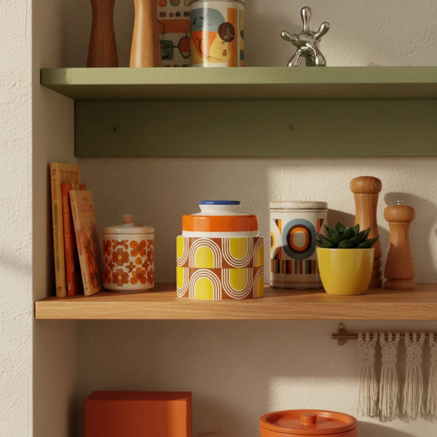 Decorative jar with a geometric pattern on a beige background